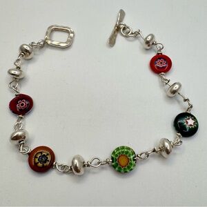 Sterling Silver Millefiori Glass Beaded Toggle Bracelet 7.5”